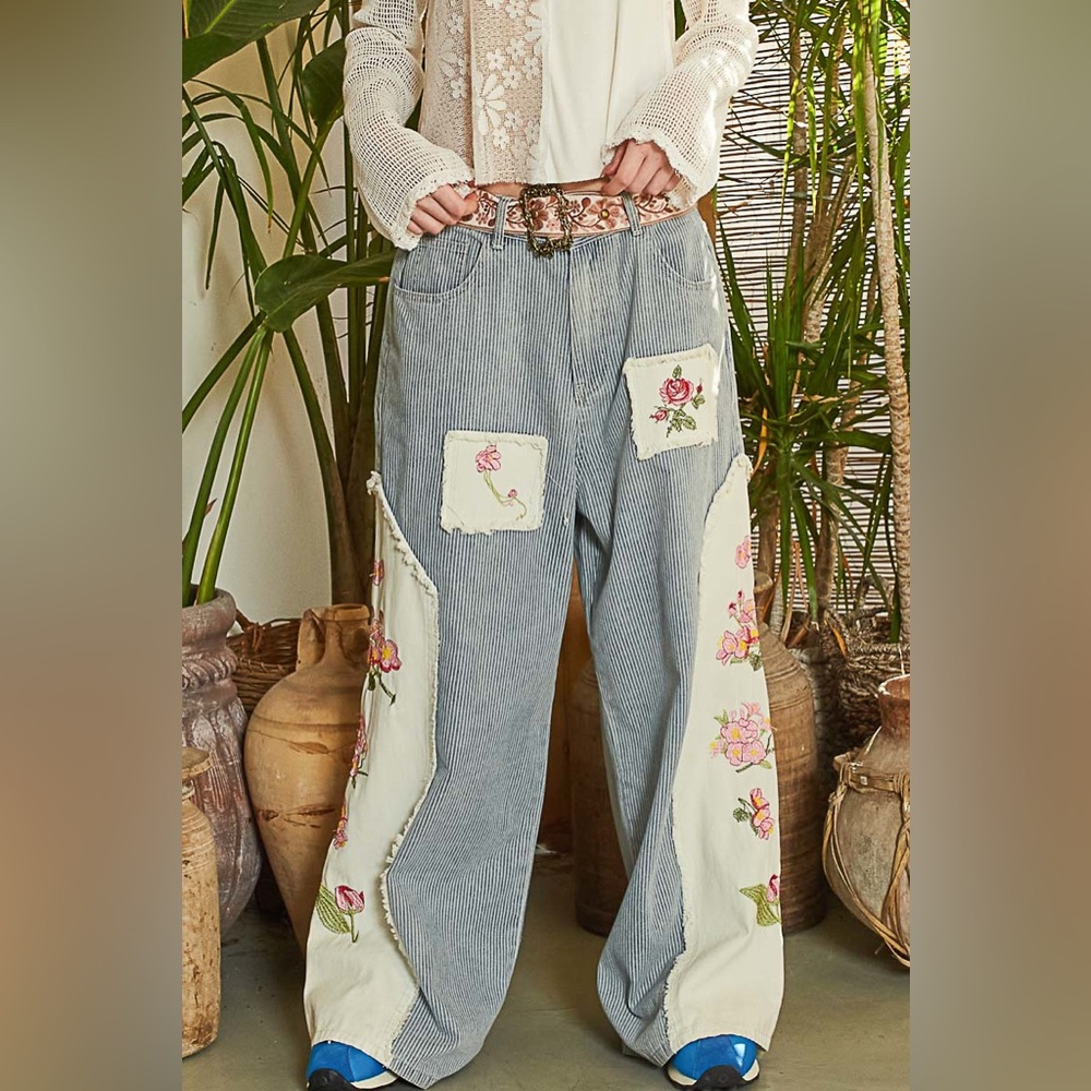 #237. Stripe Patched Embroidery Pants.